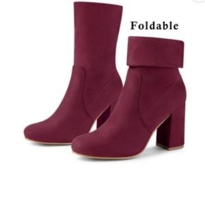 Allegra K WOMEN'S BURGANDY VELVET‎ FOLDABLE STRETCH ANKLE BOOTS